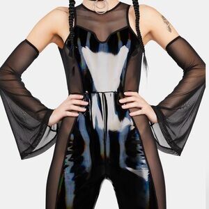 Holographic and mesh Flare Jumpsuit